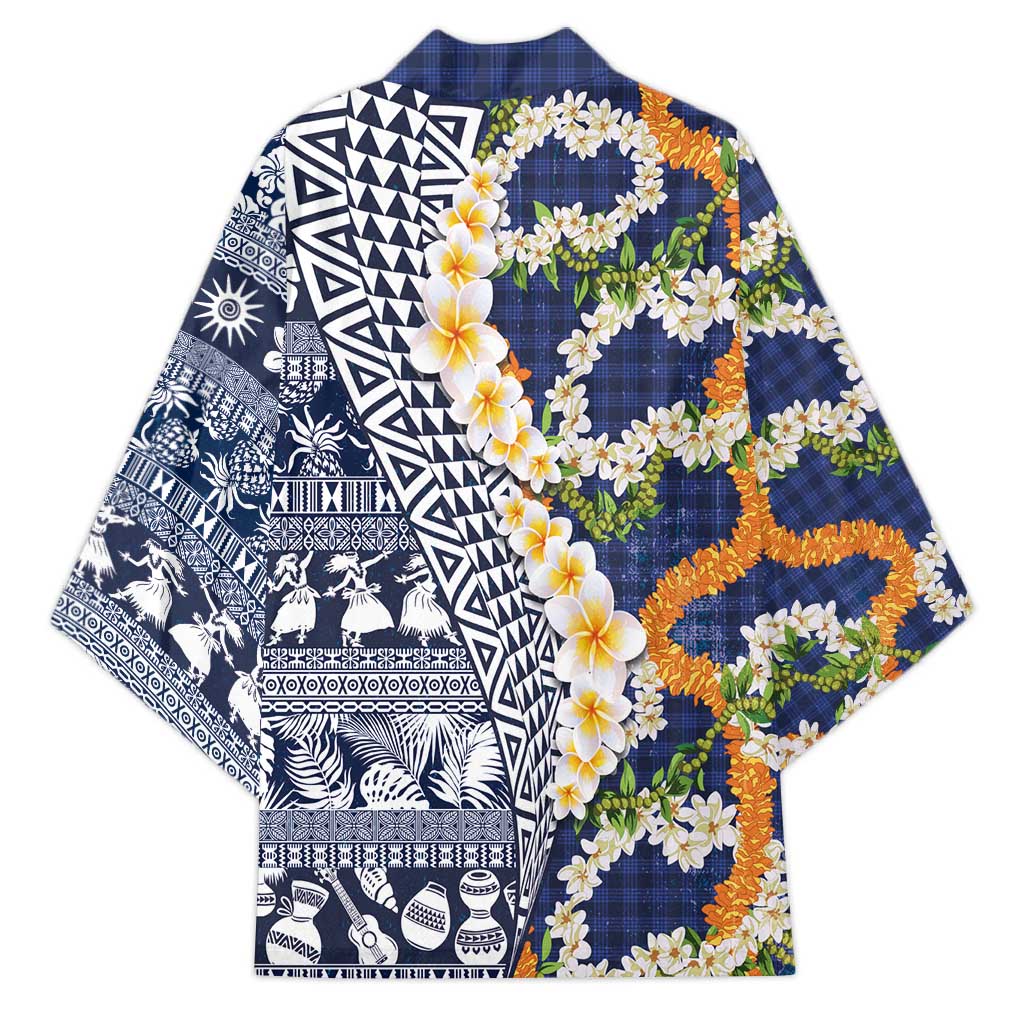 Hawaiian Plumeria Lei Kimono Kakau Motifs and Palaka Half Style Blue Color LT03 - Polynesian Pride