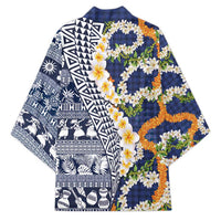 Hawaiian Plumeria Lei Kimono Kakau Motifs and Palaka Half Style Blue Color LT03 - Polynesian Pride