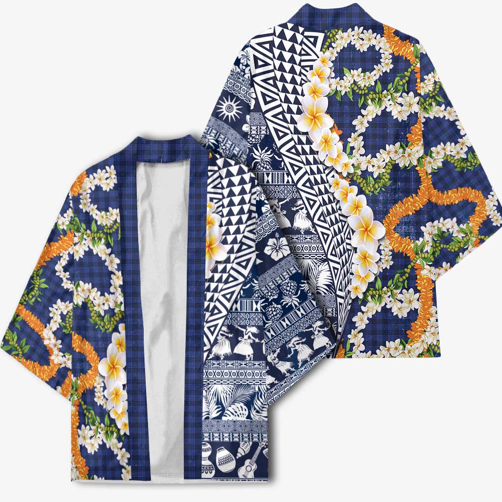 Hawaiian Plumeria Lei Kimono Kakau Motifs and Palaka Half Style Blue Color LT03 - Polynesian Pride