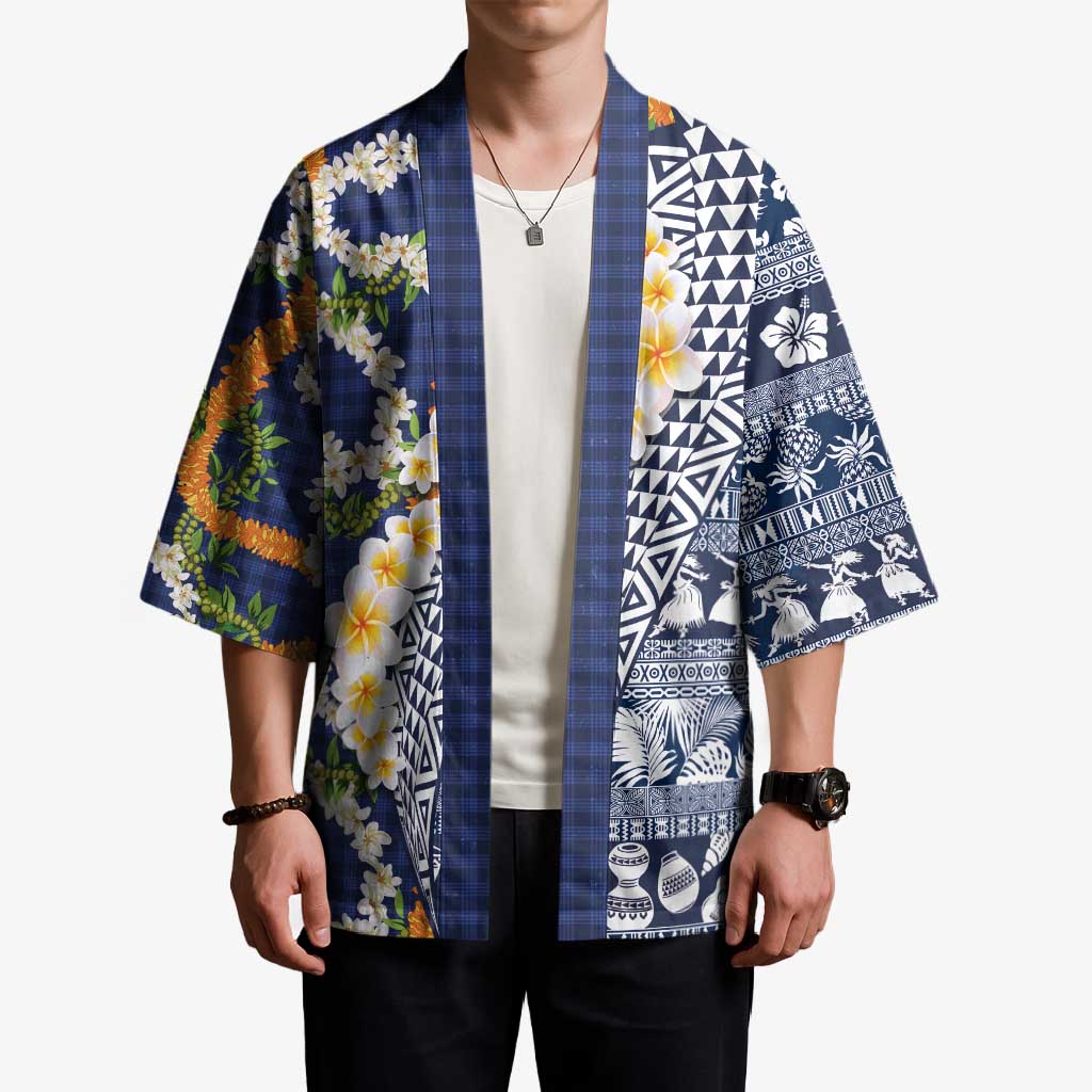 Hawaiian Plumeria Lei Kimono Kakau Motifs and Palaka Half Style Blue Color LT03 - Polynesian Pride
