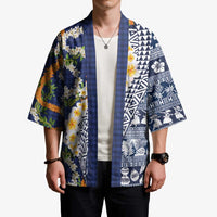 Hawaiian Plumeria Lei Kimono Kakau Motifs and Palaka Half Style Blue Color LT03 - Polynesian Pride