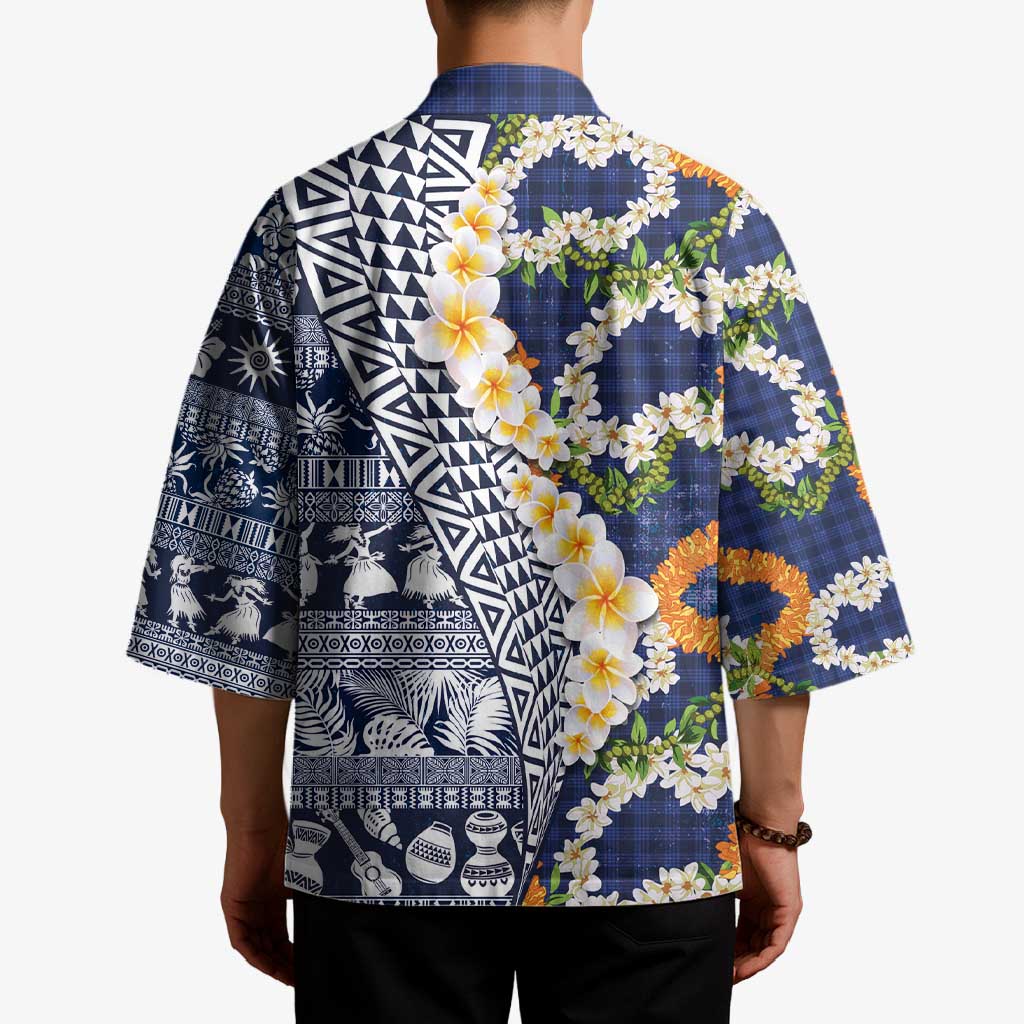 Hawaiian Plumeria Lei Kimono Kakau Motifs and Palaka Half Style Blue Color LT03 - Polynesian Pride