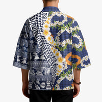Hawaiian Plumeria Lei Kimono Kakau Motifs and Palaka Half Style Blue Color LT03 - Polynesian Pride