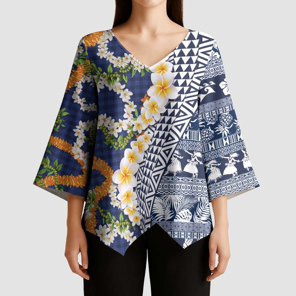 Hawaiian Plumeria Lei Kimono Sleeve Blouse Kakau Motifs and Palaka Half Style Blue Color - Polynesian Pride