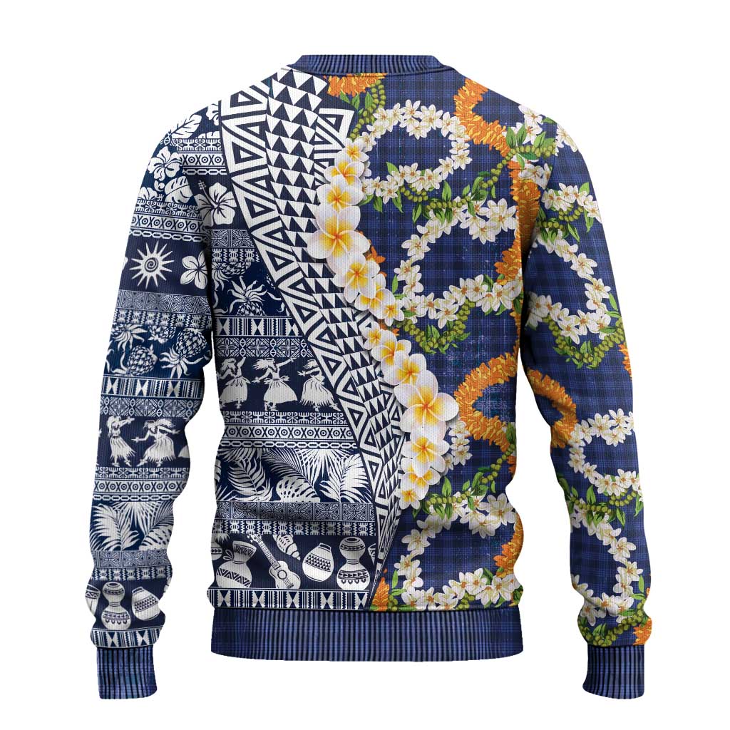 Hawaiian Plumeria Lei Ugly Christmas Sweater Kakau Motifs and Palaka Half Style Blue Color - Polynesian Pride