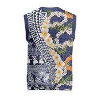 Hawaiian Plumeria Lei Christmas Knitted V-Neck Vest Kakau Motifs and Palaka Half Style Blue Color - Polynesian Pride