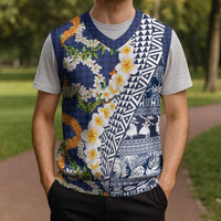 Hawaiian Plumeria Lei Christmas Knitted V-Neck Vest Kakau Motifs and Palaka Half Style Blue Color - Polynesian Pride
