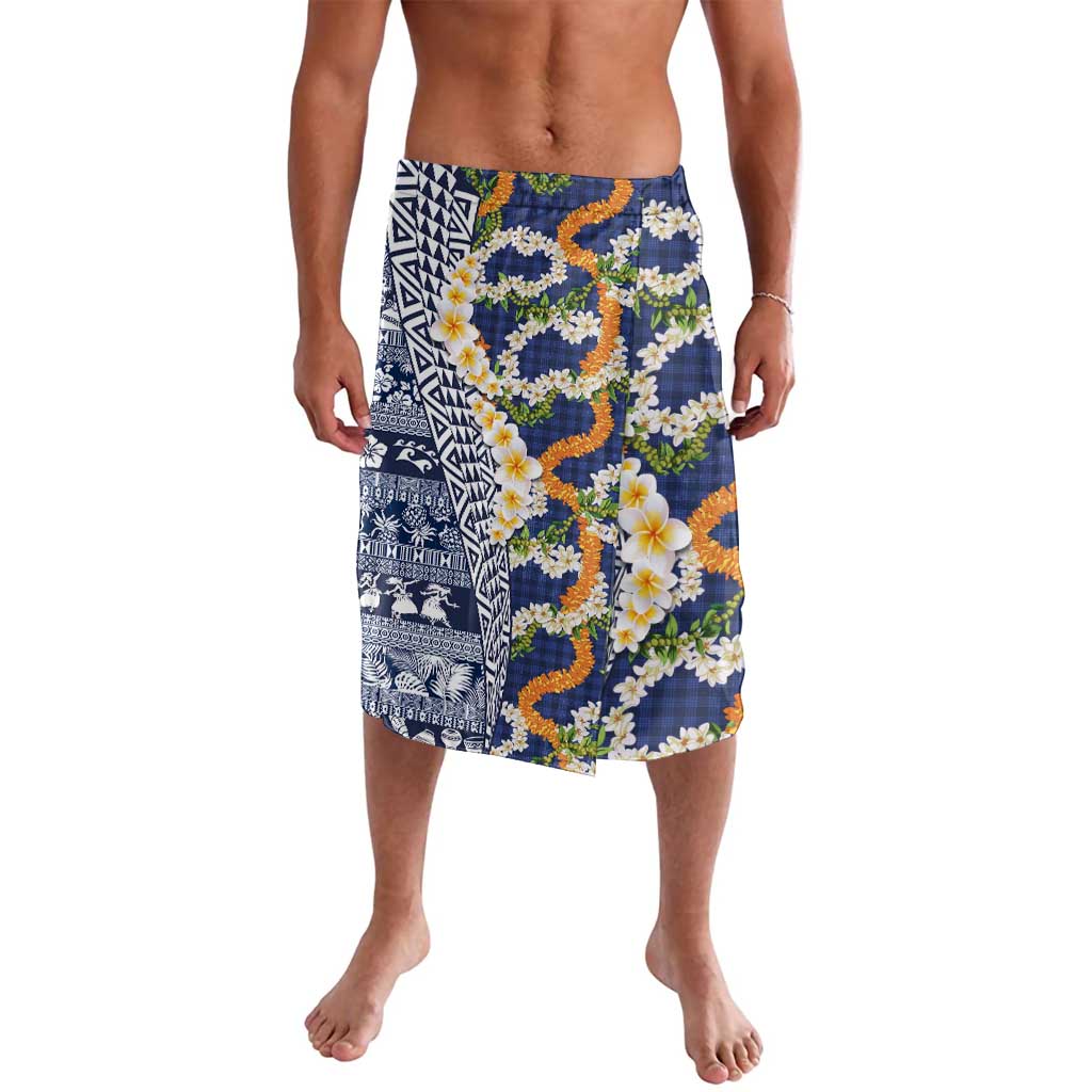 Hawaiian Plumeria Lei Lavalava Kakau Motifs and Palaka Half Style Blue Color LT03 Blue - Polynesian Pride