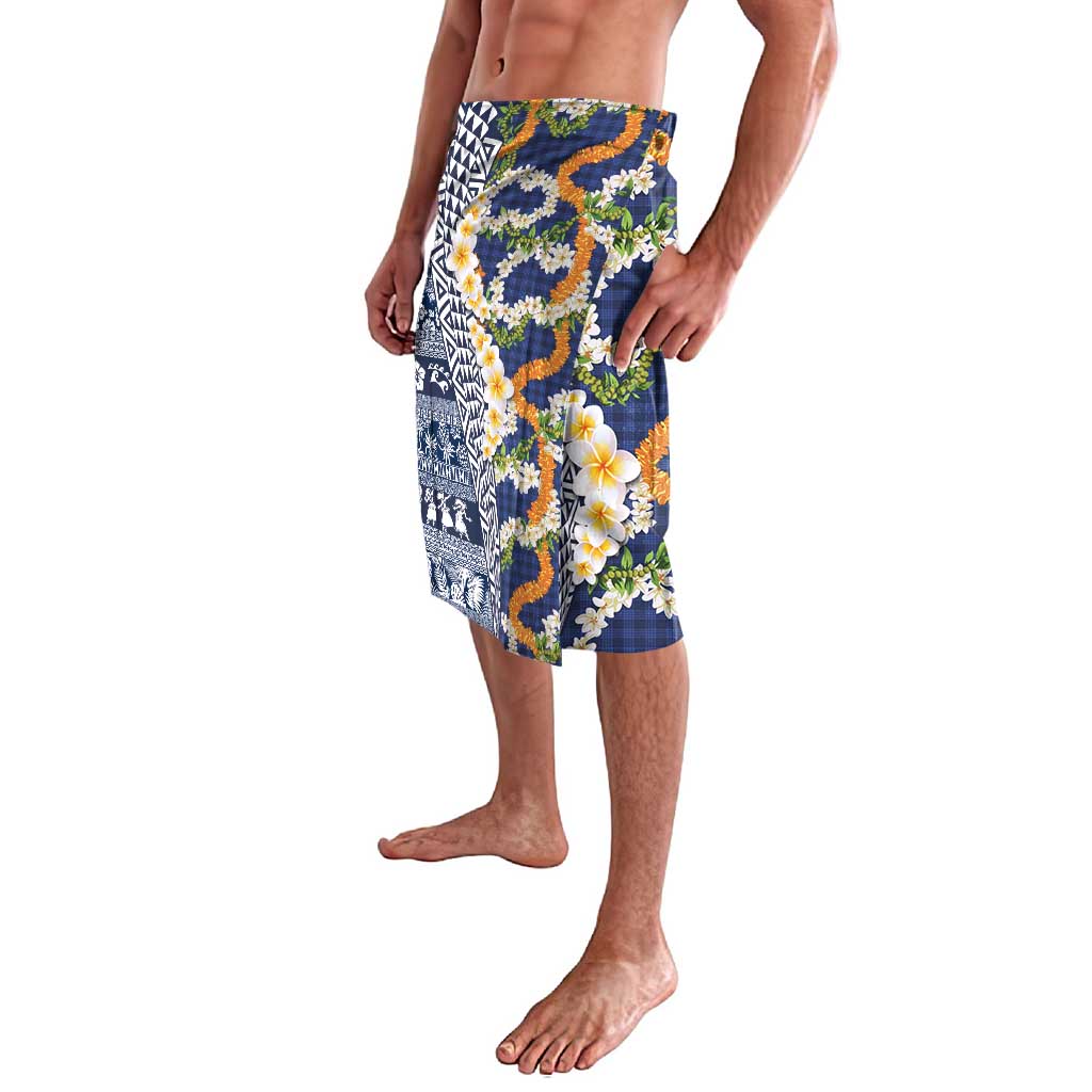 Hawaiian Plumeria Lei Lavalava Kakau Motifs and Palaka Half Style Blue Color - Polynesian Pride