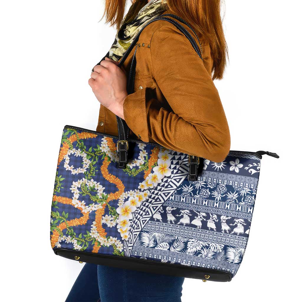 Hawaiian Plumeria Lei Leather Tote Bag Kakau Motifs and Palaka Half Style Blue Color LT03 Blue - Polynesian Pride