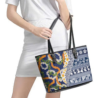 Hawaiian Plumeria Lei Leather Tote Bag Kakau Motifs and Palaka Half Style Blue Color - Polynesian Pride