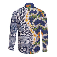 Hawaiian Plumeria Lei Long Sleeve Button Shirt Kakau Motifs and Palaka Half Style Blue Color - Polynesian Pride