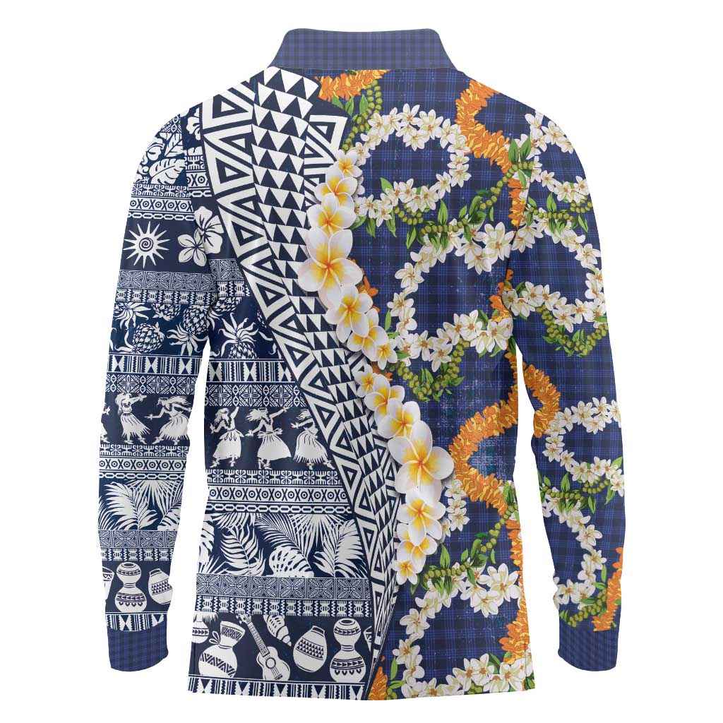 Hawaiian Plumeria Lei Long Sleeve Polo Shirt Kakau Motifs and Palaka Half Style Blue Color - Polynesian Pride