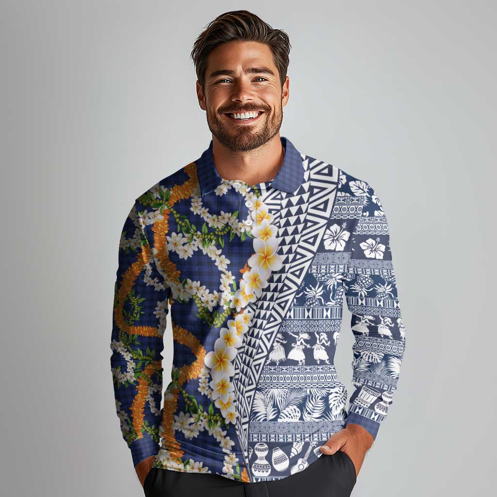 Hawaiian Plumeria Lei Long Sleeve Polo Shirt Kakau Motifs and Palaka Half Style Blue Color - Polynesian Pride