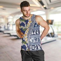 Hawaiian Plumeria Lei Men Tank Top Kakau Motifs and Palaka Half Style Blue Color - Polynesian Pride