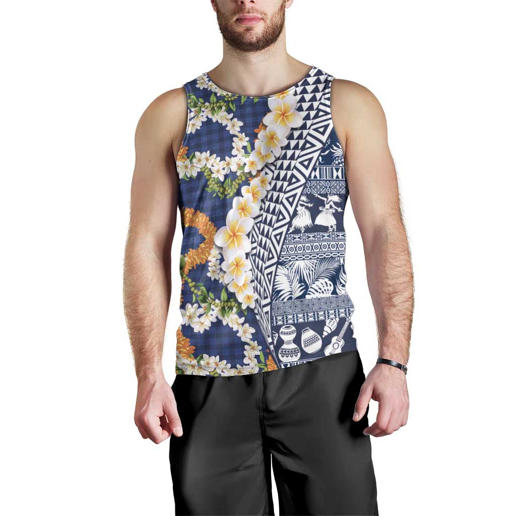 Hawaiian Plumeria Lei Men Tank Top Kakau Motifs and Palaka Half Style Blue Color - Polynesian Pride