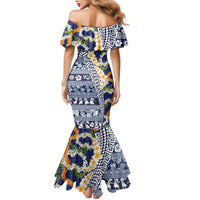 Hawaiian Plumeria Lei Mermaid Dress Kakau Motifs and Palaka Half Style Blue Color - Polynesian Pride