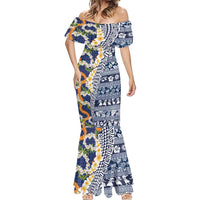 Hawaiian Plumeria Lei Mermaid Dress Kakau Motifs and Palaka Half Style Blue Color - Polynesian Pride