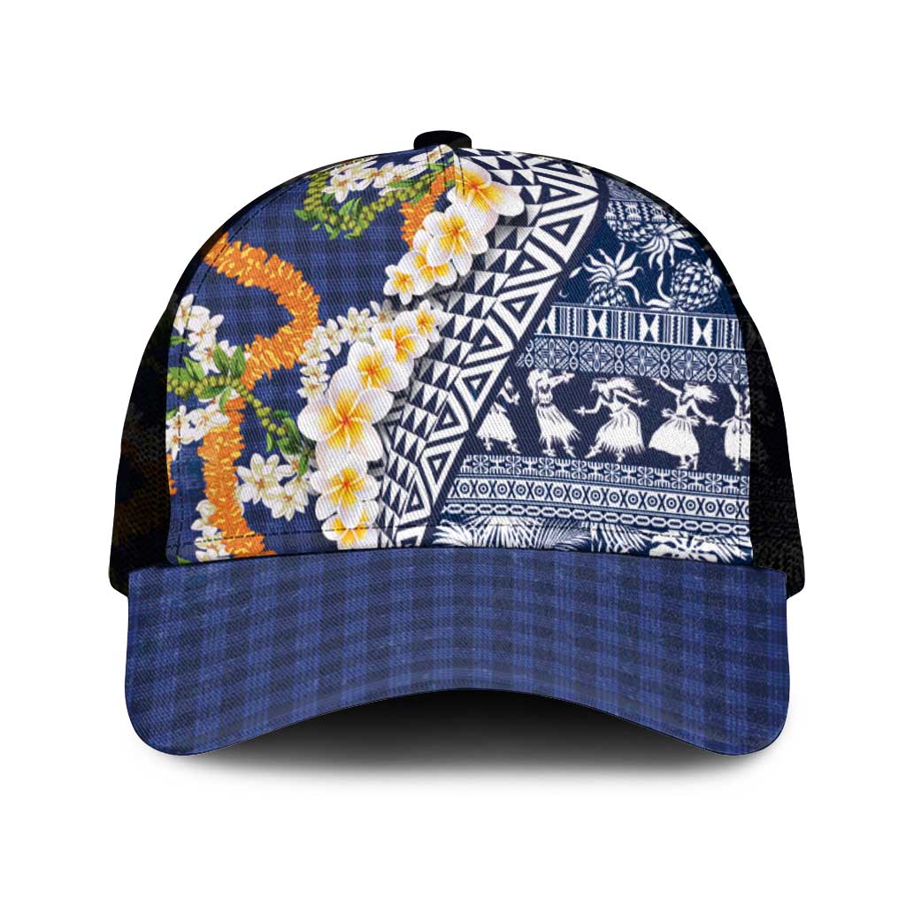 Hawaiian Plumeria Lei Mesh Trucker Cap Kakau Motifs and Palaka Half Style Blue Color - Polynesian Pride
