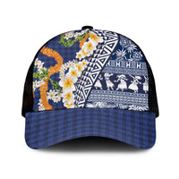 Hawaiian Plumeria Lei Mesh Trucker Cap Kakau Motifs and Palaka Half Style Blue Color - Polynesian Pride