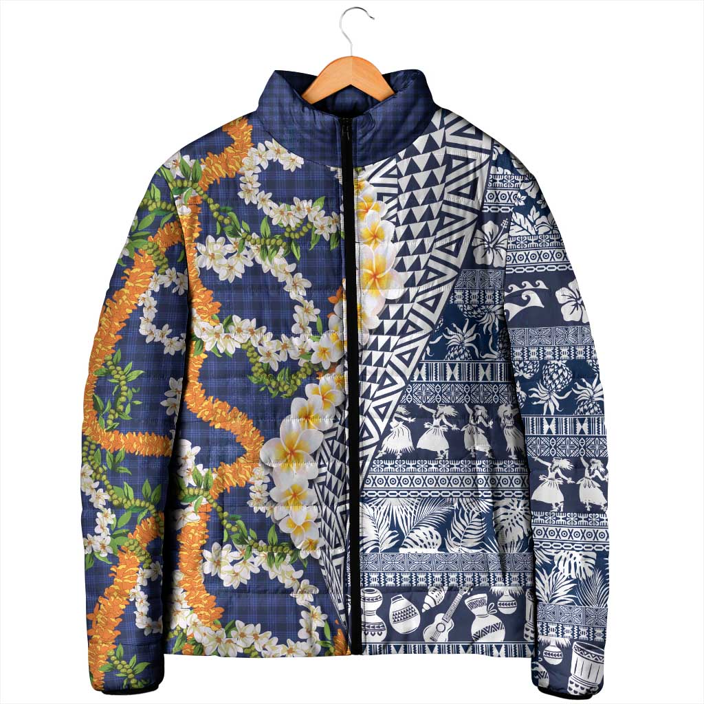 Hawaiian Plumeria Lei Padded Jacket Kakau Motifs and Palaka Half Style Blue Color - Polynesian Pride