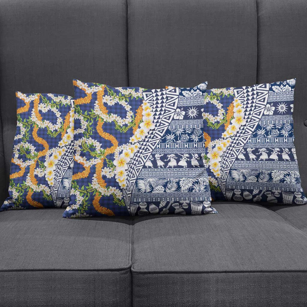 Hawaiian Plumeria Lei Pillow Cover Kakau Motifs and Palaka Half Style Blue Color - Polynesian Pride
