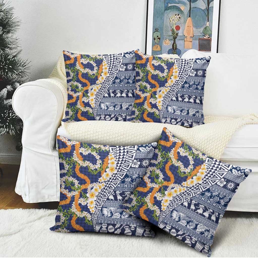 Hawaiian Plumeria Lei Pillow Cover Kakau Motifs and Palaka Half Style Blue Color - Polynesian Pride