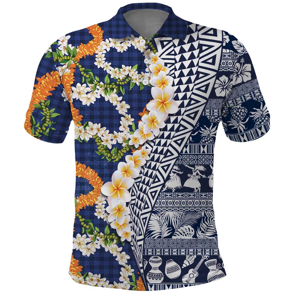 Hawaiian Plumeria Lei Polo Shirt Kakau Motifs and Palaka Half Style Blue Color - Polynesian Pride