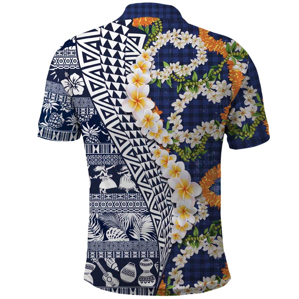 Hawaiian Plumeria Lei Polo Shirt Kakau Motifs and Palaka Half Style Blue Color - Polynesian Pride