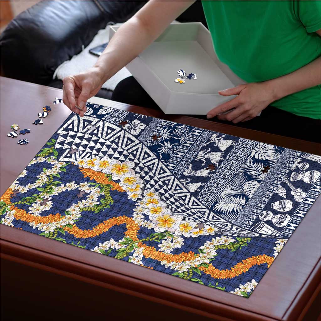 Hawaiian Plumeria Lei Puzzle Kakau Motifs and Palaka Half Style Blue Color - Polynesian Pride