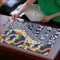 Hawaiian Plumeria Lei Puzzle Kakau Motifs and Palaka Half Style Blue Color - Polynesian Pride