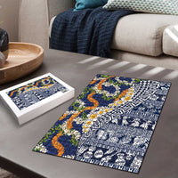 Hawaiian Plumeria Lei Puzzle Kakau Motifs and Palaka Half Style Blue Color - Polynesian Pride