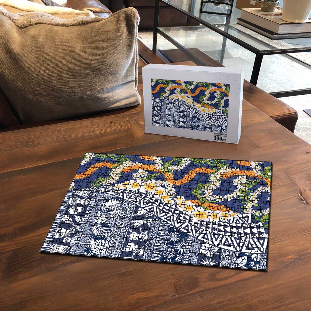 Hawaiian Plumeria Lei Puzzle Kakau Motifs and Palaka Half Style Blue Color - Polynesian Pride