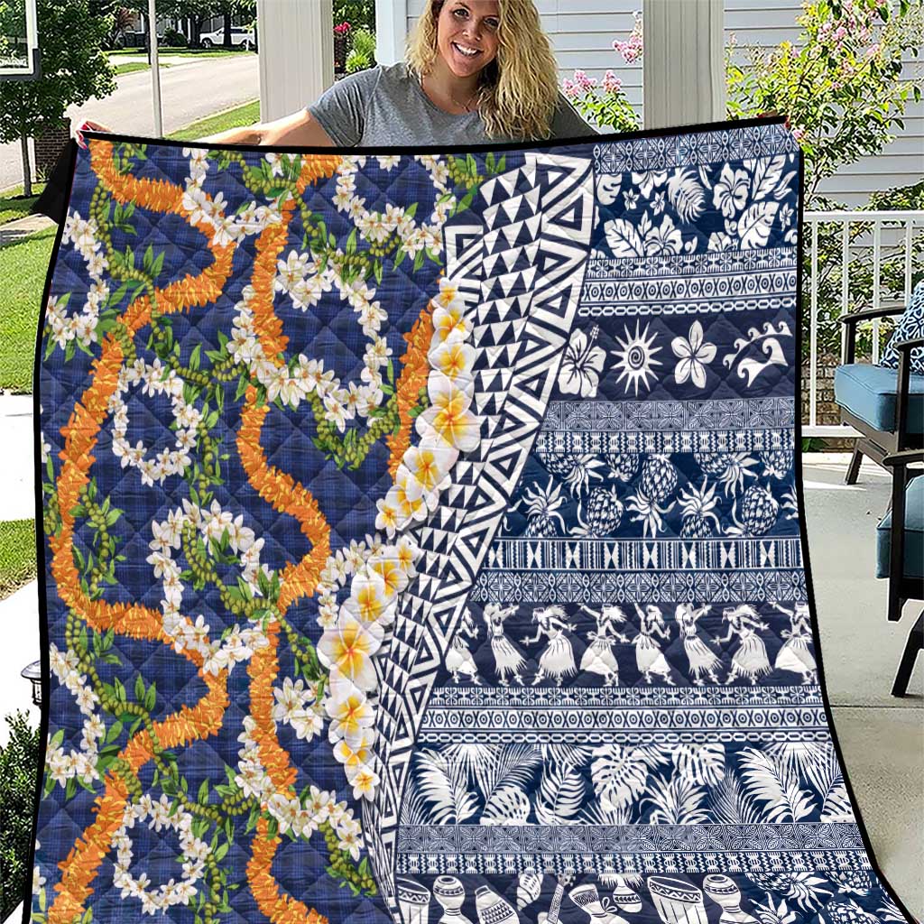 Hawaiian Plumeria Lei Quilt Kakau Motifs and Palaka Half Style Blue Color LT03 Blue - Polynesian Pride