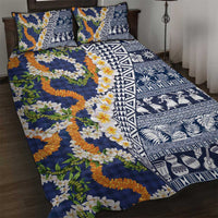 Hawaiian Plumeria Lei Quilt Bed Set Kakau Motifs and Palaka Half Style Blue Color - Polynesian Pride
