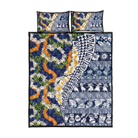 Hawaiian Plumeria Lei Quilt Bed Set Kakau Motifs and Palaka Half Style Blue Color - Polynesian Pride