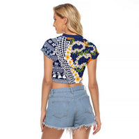 Hawaiian Plumeria Lei Raglan Cropped T Shirt Kakau Motifs and Palaka Half Style Blue Color - Polynesian Pride