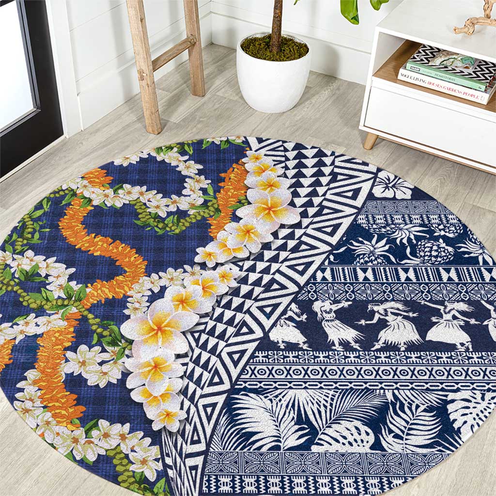 Hawaiian Plumeria Lei Round Carpet Kakau Motifs and Palaka Half Style Blue Color LT03 Blue - Polynesian Pride