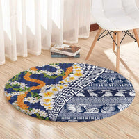 Hawaiian Plumeria Lei Round Carpet Kakau Motifs and Palaka Half Style Blue Color - Polynesian Pride