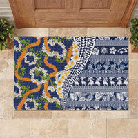 Hawaiian Plumeria Lei Rubber Doormat Kakau Motifs and Palaka Half Style Blue Color - Polynesian Pride