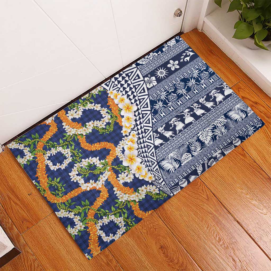 Hawaiian Plumeria Lei Rubber Doormat Kakau Motifs and Palaka Half Style Blue Color - Polynesian Pride