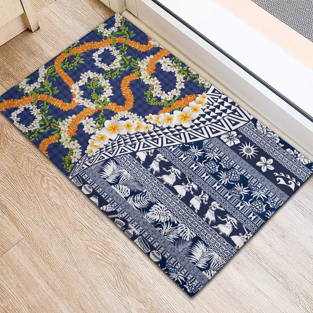 Hawaiian Plumeria Lei Rubber Doormat Kakau Motifs and Palaka Half Style Blue Color - Polynesian Pride