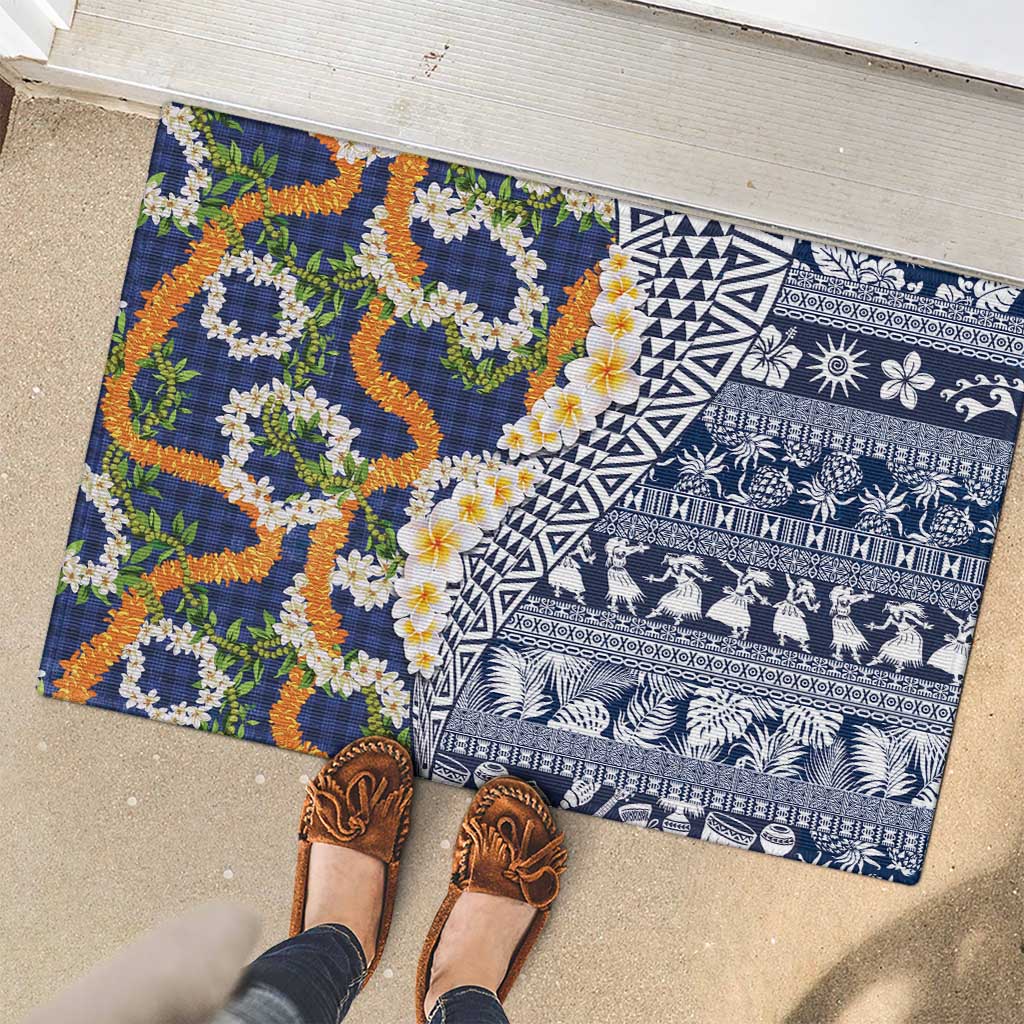 Hawaiian Plumeria Lei Rubber Doormat Kakau Motifs and Palaka Half Style Blue Color - Polynesian Pride