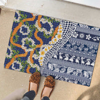 Hawaiian Plumeria Lei Rubber Doormat Kakau Motifs and Palaka Half Style Blue Color - Polynesian Pride