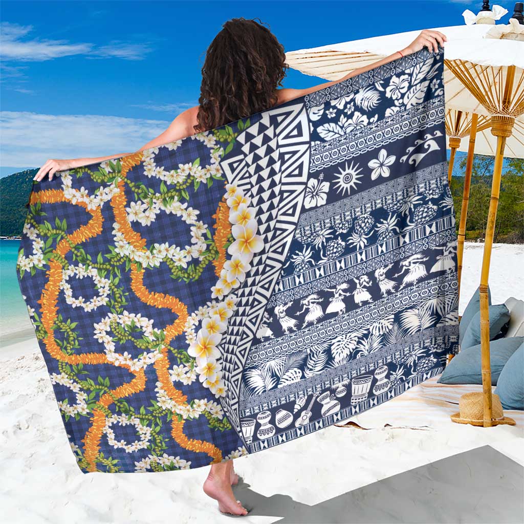 Hawaiian Plumeria Lei Sarong Kakau Motifs and Palaka Half Style Blue Color LT03 One Size 44 x 66 inches Blue - Polynesian Pride