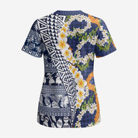 Hawaiian Plumeria Lei Scrub Top Kakau Motifs and Palaka Half Style Blue Color - Polynesian Pride
