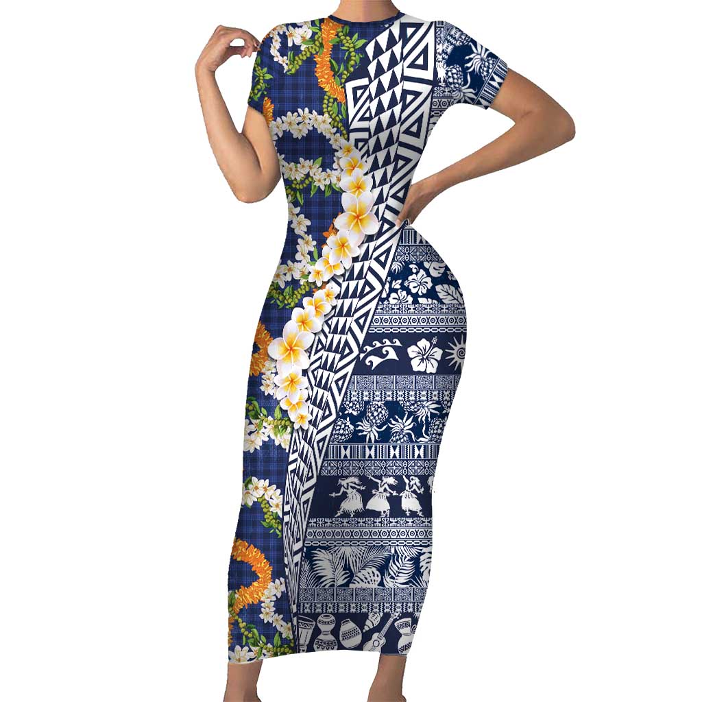 Hawaiian Plumeria Lei Short Sleeve Bodycon Dress Kakau Motifs and Palaka Half Style Blue Color - Polynesian Hawaiian Plumeria Lei Short Sleeve Bodycon Dress Kakau Motifs and Palaka Half Style Blue Color - Polynesian