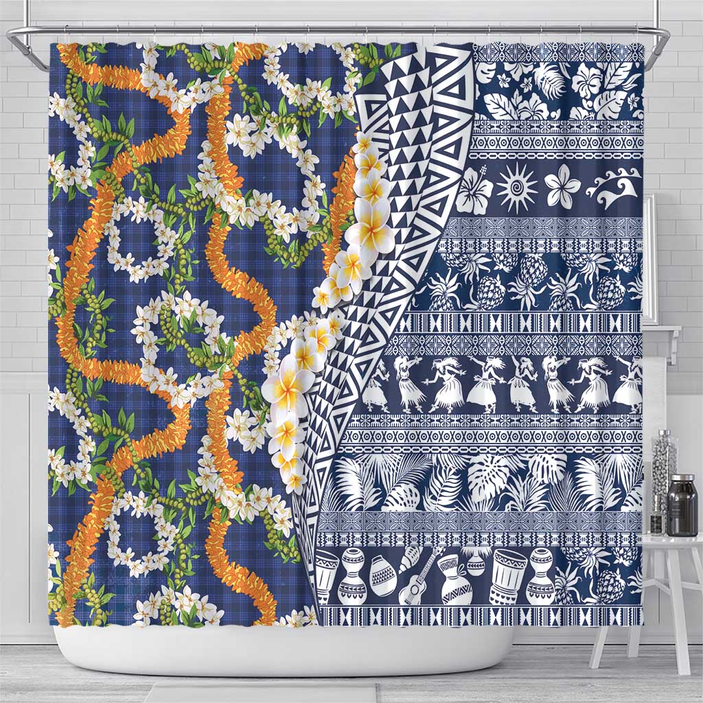 Hawaiian Plumeria Lei Shower Curtain Kakau Motifs and Palaka Half Style Blue Color - Polynesian Pride