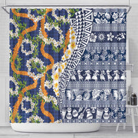Hawaiian Plumeria Lei Shower Curtain Kakau Motifs and Palaka Half Style Blue Color - Polynesian Pride