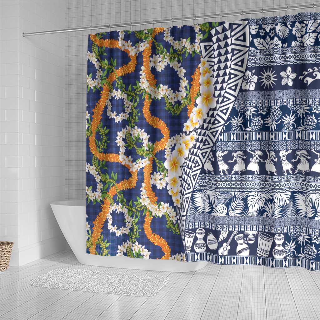 Hawaiian Plumeria Lei Shower Curtain Kakau Motifs and Palaka Half Style Blue Color - Polynesian Pride